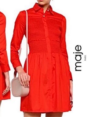 Maje Roumpa Red Smocked Shirt Dress size 1/ S